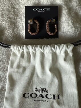 Coach Pink Crystal C-Hoop Earrings with Gold Accents